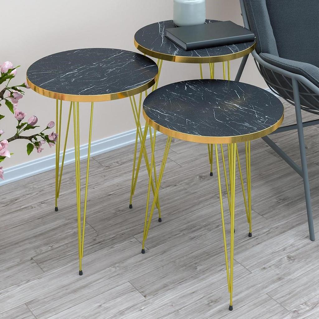 4 PC - ROUND TABLES SET - BLACK MARBLE TOP