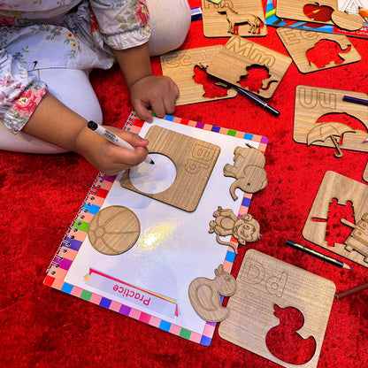 Kids Wooden Drawing Stencils English Alphabets Learning Puzzle Toys