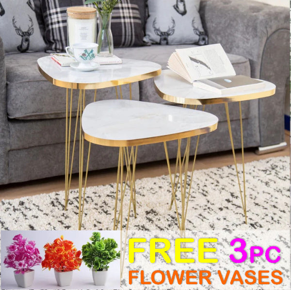 TRIANGLE TABLES (3 PC SET) WHITE MARBLE TOP- FREE 3 PC FLOWER VASES