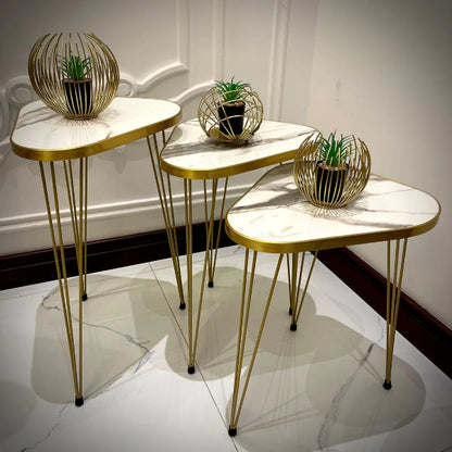 TRIANGLE TABLES (3 PC SET) WHITE MARBLE TOP- FREE 3 PC FLOWER VASES