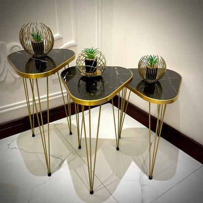 TRIANGLE TABLES (3 PC SET) BLACK MARBLE TOP - FREE 3 PC FLOWER VASES