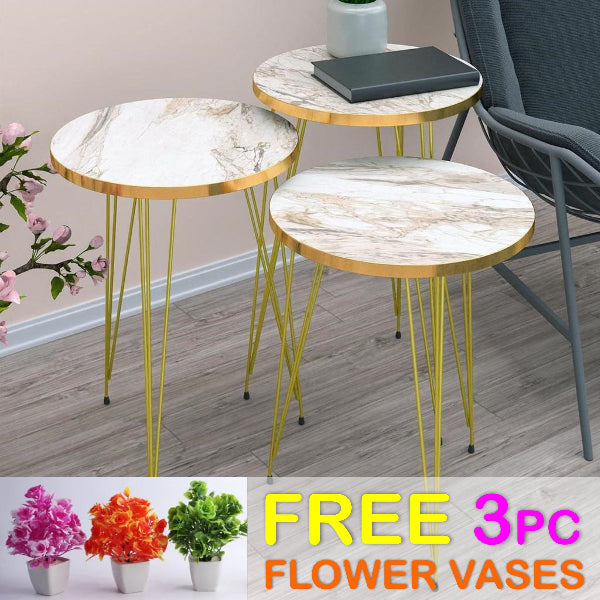 ROUND TABLES - WHITE MARBLE TOP- FREE 3 PC FLOWER VASES