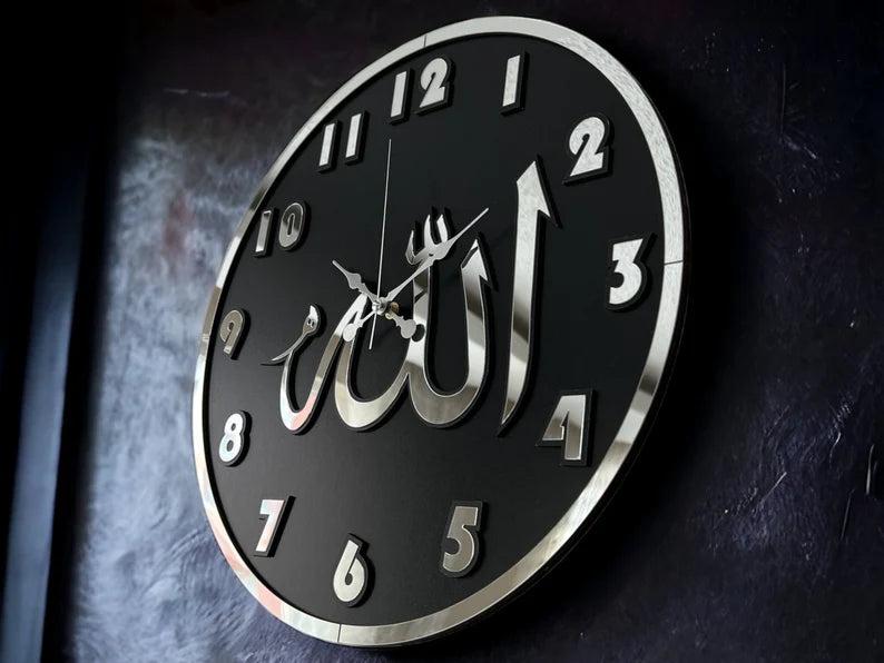 Allah Clock ALLAH CLOCK MIRROR LETTERS (BLACK SILVER) – clockswally.com