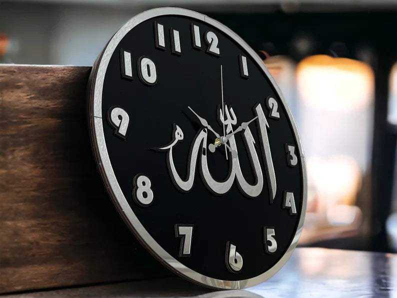 Allah Clock ALLAH CLOCK MIRROR LETTERS (BLACK SILVER) – clockswally.com