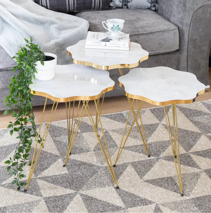 DAISY TABLES (3 PC SET) WHITE MARBLE TOP WITH 3 FREE FLOWER VASES