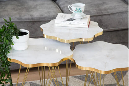 DAISY TABLES (3 PC SET) WHITE MARBLE TOP WITH 3 FREE FLOWER VASES
