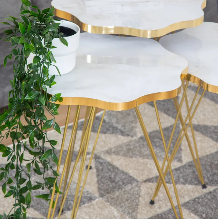 DAISY TABLES (3 PC SET) WHITE MARBLE TOP WITH 3 FREE FLOWER VASES